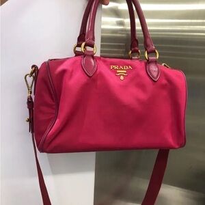 This is a Prada Tessuto Convertible Bauletto Bag in pink nylon with leather trim
